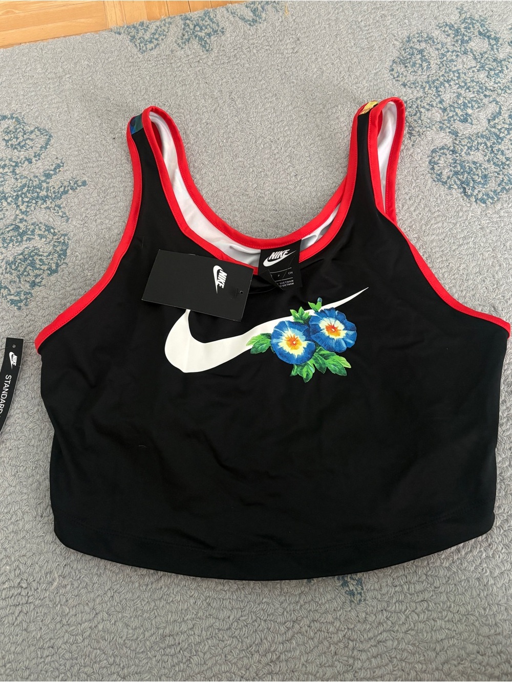 Nike Vintage Black Cropped Tank with Blue Floral Logo and Red Trim S NWT